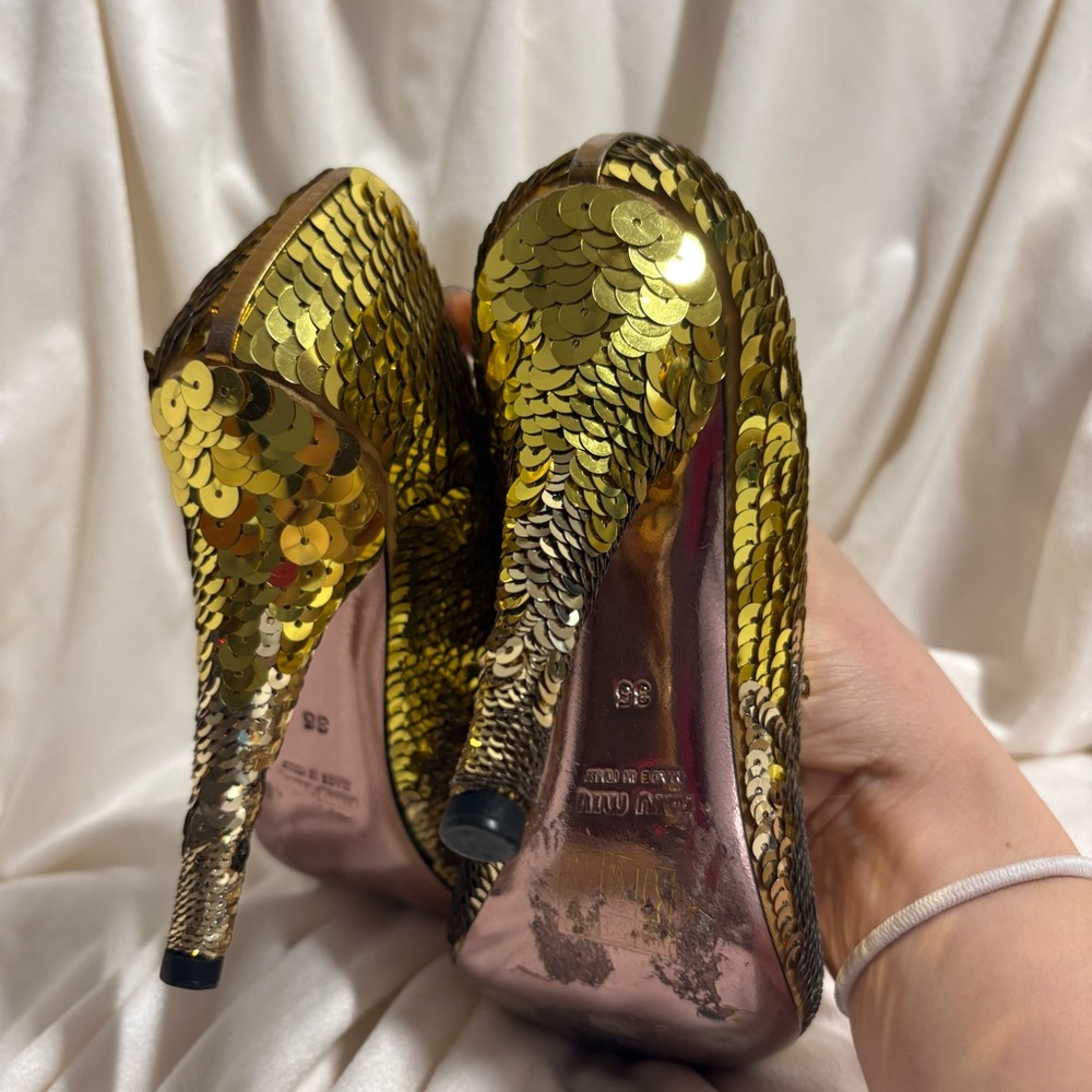 Miu Miu Gold Sequin Peep-Toe Heels - Picture 5 of 7